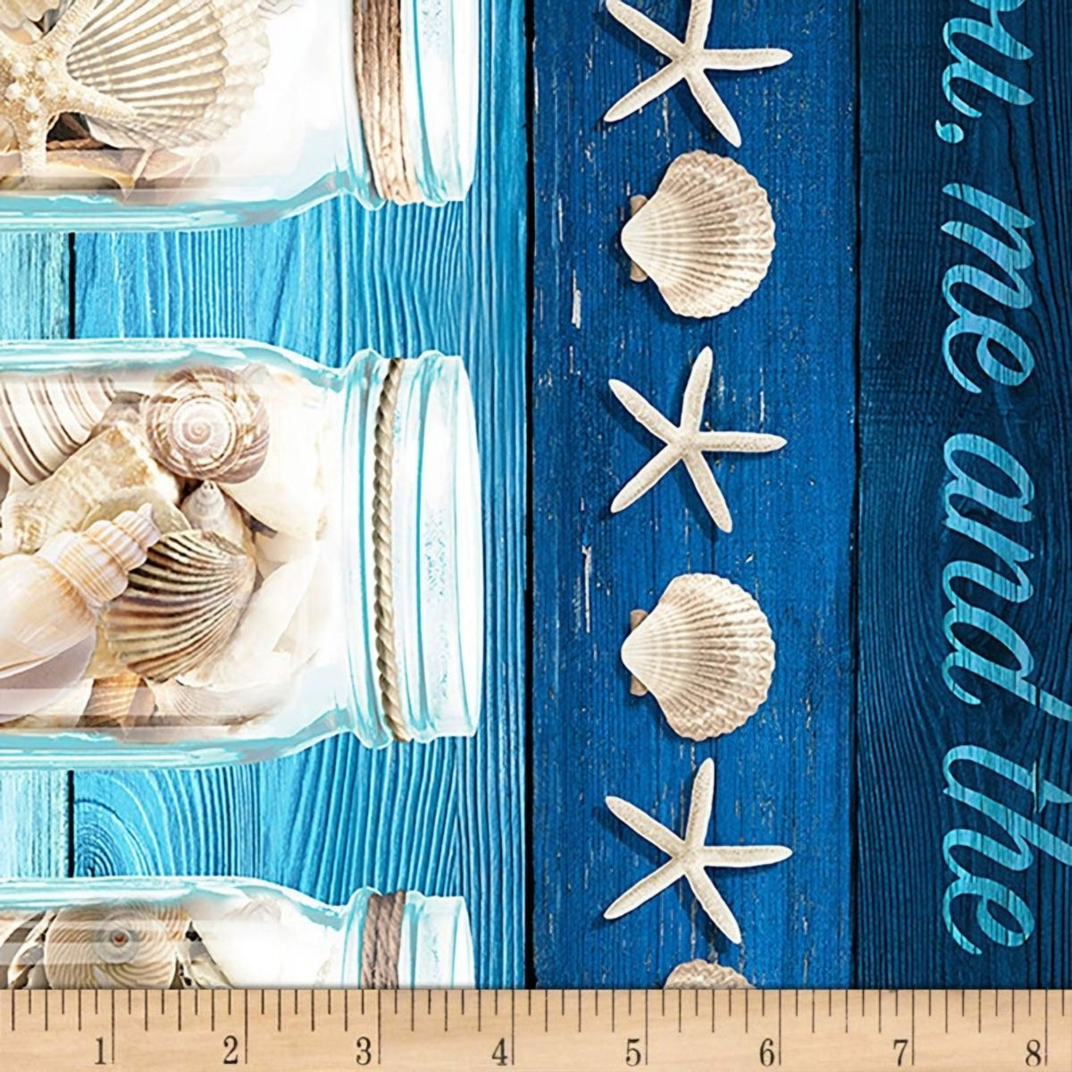 Mason jars seashells starfish coastal stripe border quilting fabric size reference blue aqua navy beach sewing projects
