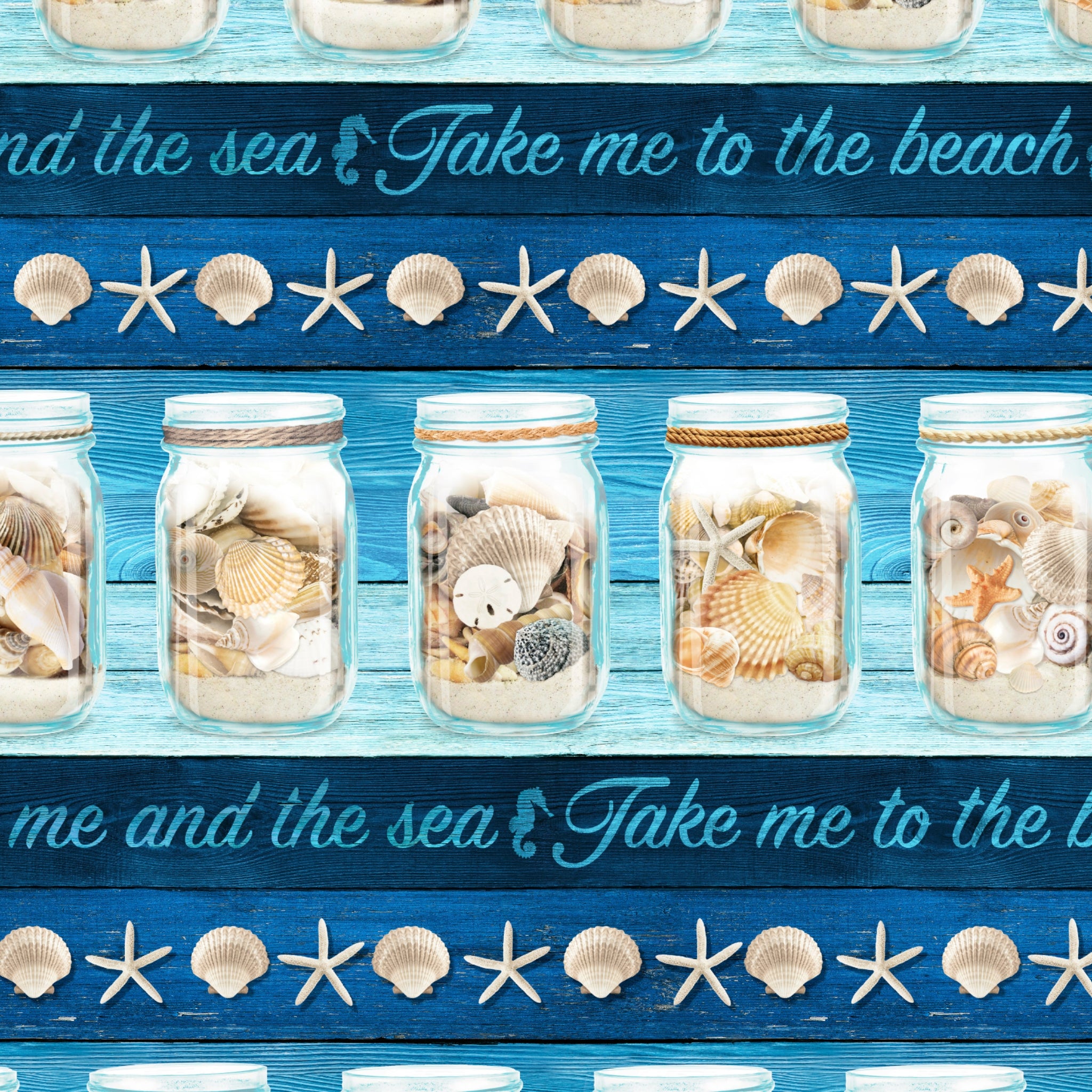 Mason jars seashells starfish borders coastal phrases blue aqua navy stripe border quilting fabric beach quilts sashing coastal projects