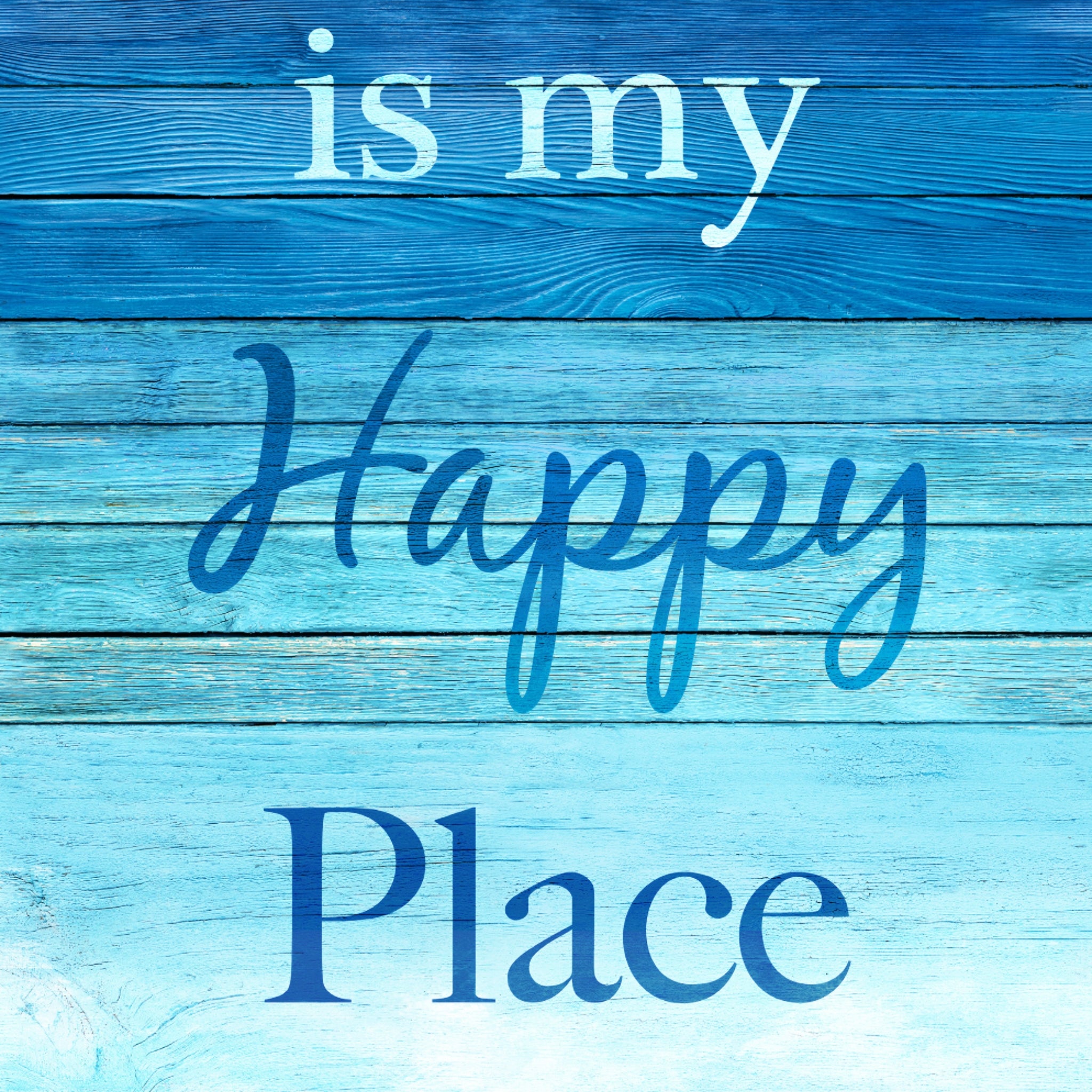 The Beach is my Happy Place panel navy aqua ombre timber planks starfish shell coastal quilting fabric wall hangings cushions beach gifts