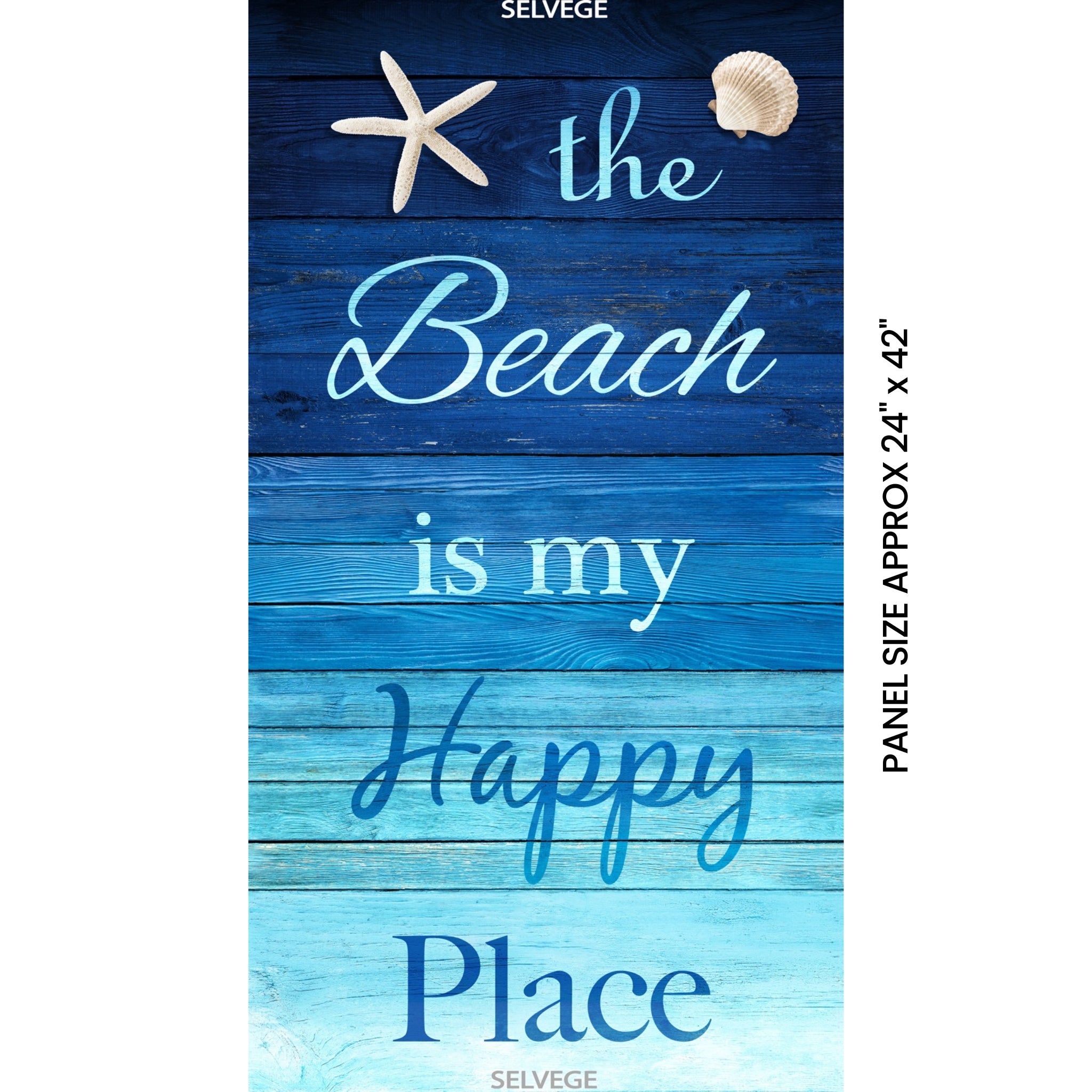 The Beach is my Happy Place panel navy aqua ombre timber planks starfish shell coastal quilting fabric wall hangings cushions beach gifts