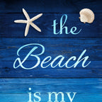 The Beach is my Happy Place panel navy aqua ombre timber planks starfish shell coastal quilting fabric wall hangings cushions beach gifts