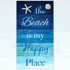 The Beach is my Happy Place panel navy aqua ombre timber planks starfish shell coastal quilting fabric wall hangings cushions beach gifts