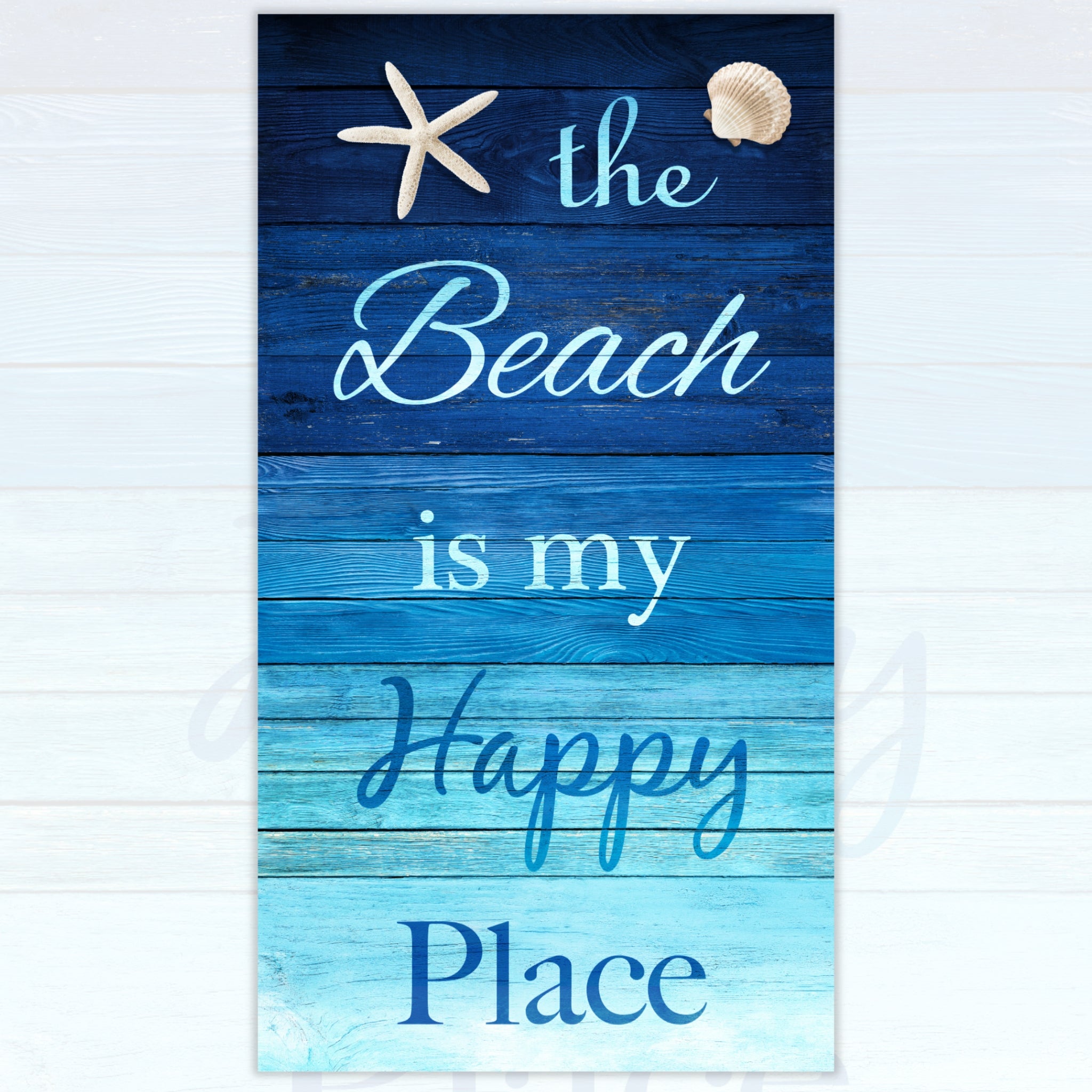 The Beach is my Happy Place panel navy aqua ombre timber planks starfish shell coastal quilting fabric wall hangings cushions beach gifts