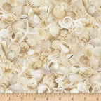 Packed seashells scallops spiral shells conch starfish sand dollars cream white beige natural coastal quilting fabric beach quilts seaside projects