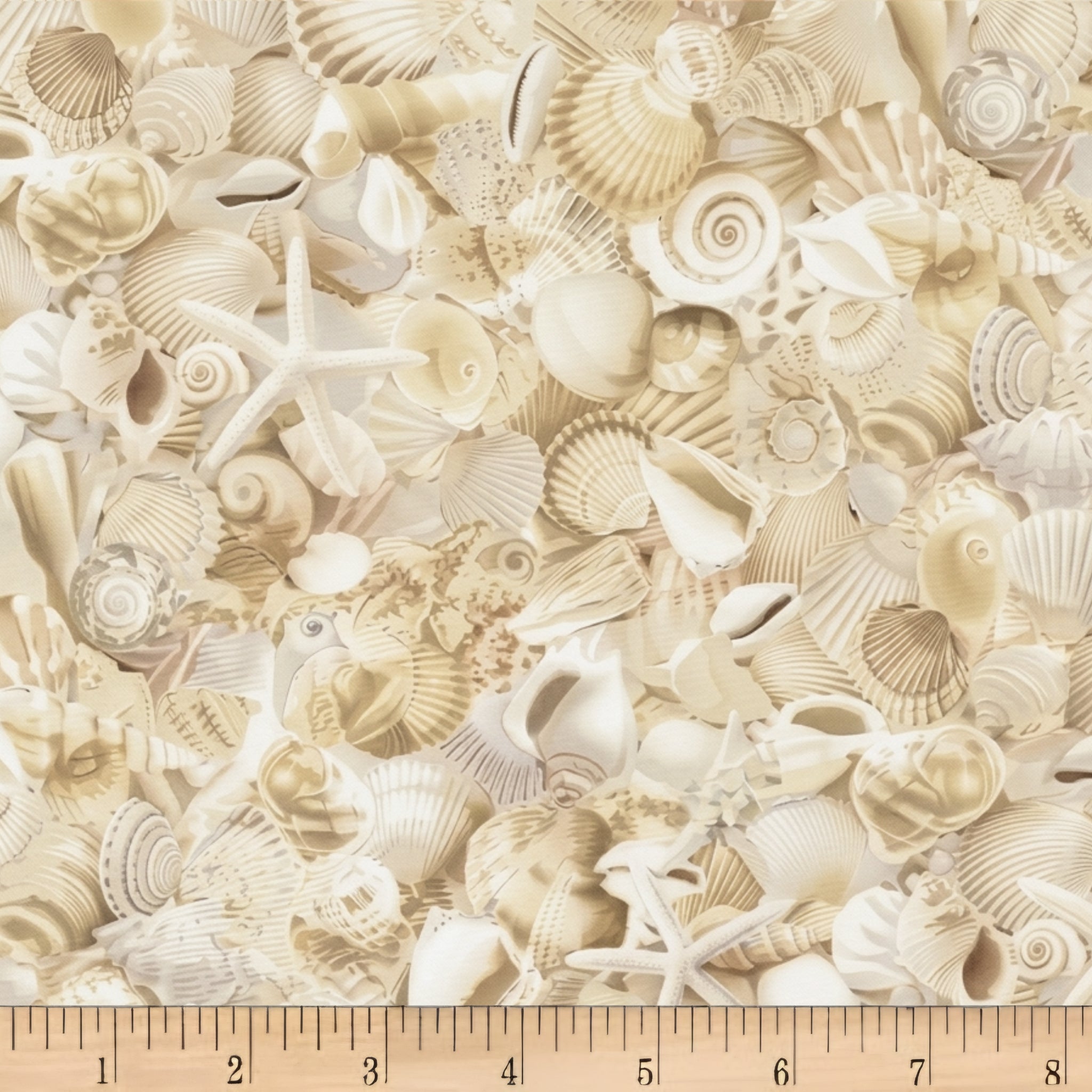 Packed seashells scallops spiral shells conch starfish sand dollars cream white beige natural coastal quilting fabric beach quilts seaside projects