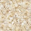 Packed seashells scallops spiral shells conch starfish sand dollars cream white beige natural coastal quilting fabric beach quilts seaside projects