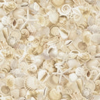 Packed seashells scallops spiral shells conch starfish sand dollars cream white beige natural coastal quilting fabric beach quilts seaside projects