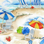 Adirondack chairs blue white striped beach umbrella red yellow umbrella green blue umbrellas flip flops beach balls sand dunes closeup coastal quilting fabric