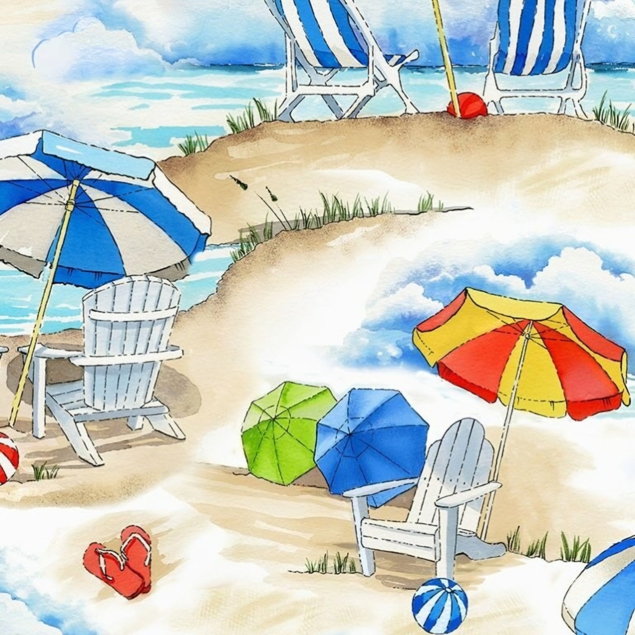 Adirondack chairs blue white striped beach umbrella red yellow umbrella green blue umbrellas flip flops beach balls sand dunes closeup coastal quilting fabric