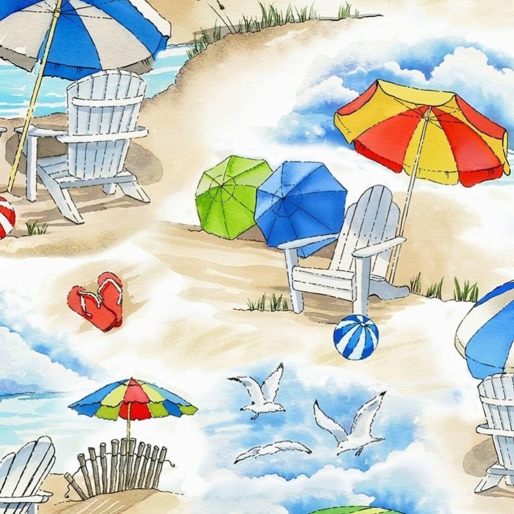 Adirondack chairs red yellow blue striped beach umbrellas flip flops beach balls seagulls sand dunes closeup beach novelty quilting fabric