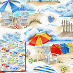 Adirondack chairs colourful beach umbrellas seagulls flip flops beach balls sand dunes scenic repeat sandy watercolour beach novelty quilting fabric
