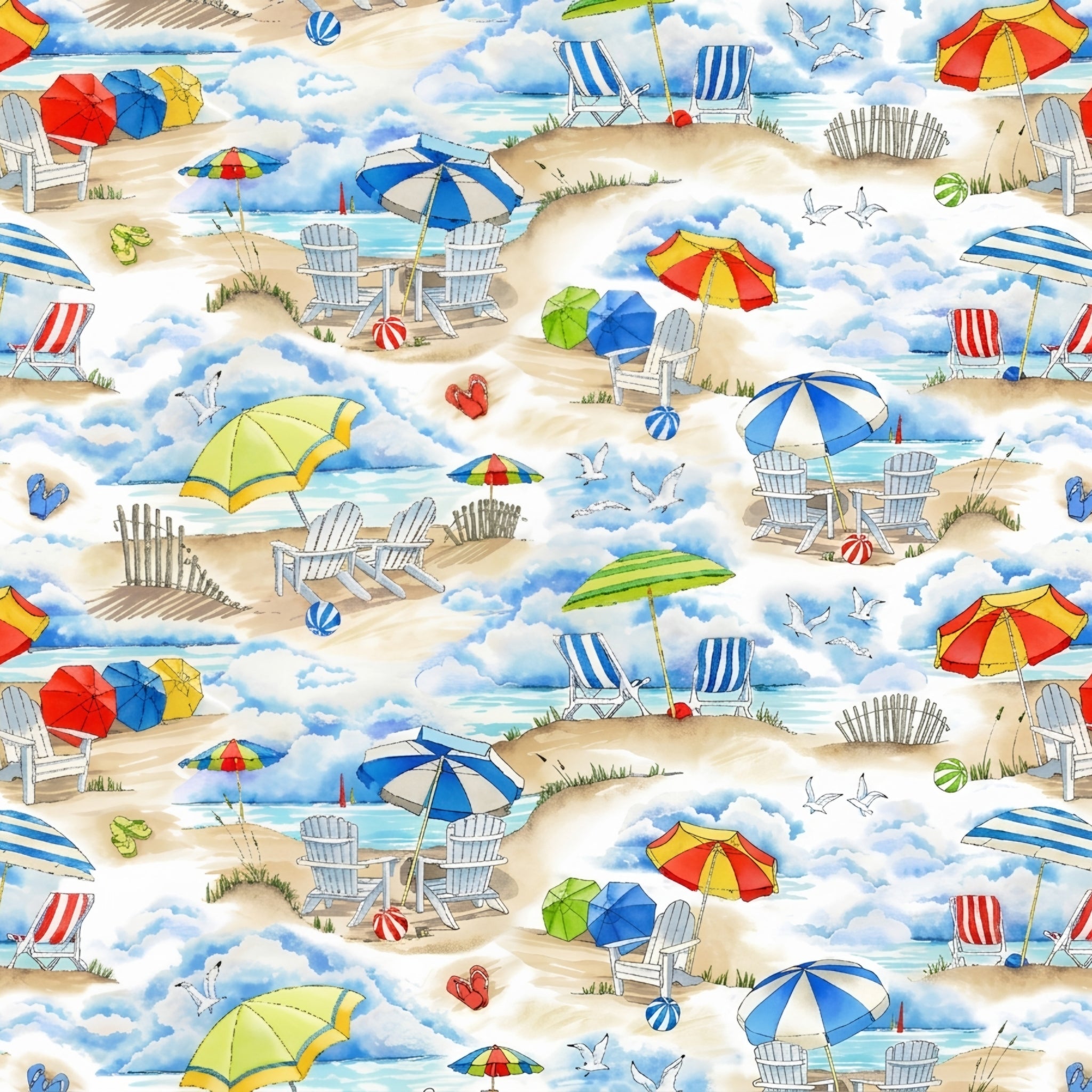 Adirondack chairs colourful beach umbrellas flip flops beach balls seagulls sand dunes timber fencing sandy watercolour novelty quilting fabric beach summer quilts