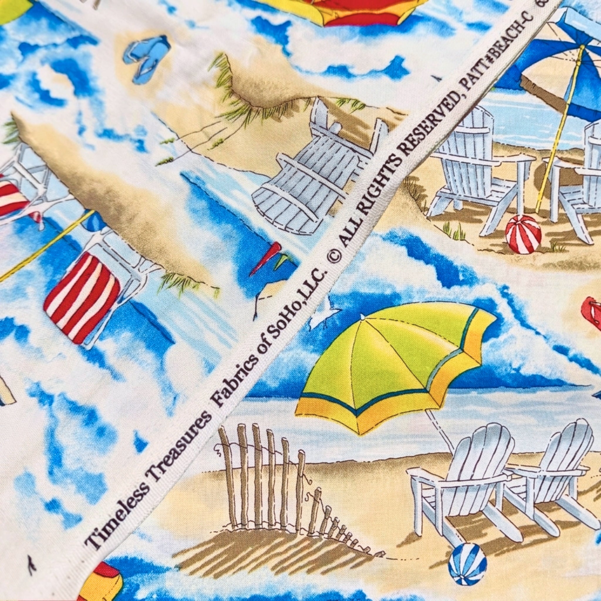 Beach Holiday chairs umbrellas selvedge Timeless Treasures Adirondack chairs beach umbrellas sand dunes beach balls coastal novelty quilting fabric