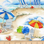 Adirondack chairs beach umbrellas flip flops beach balls sand dunes size reference sandy watercolour beach quilting fabric Timeless Treasures
