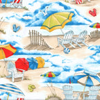 Adirondack chairs colourful beach umbrellas flip flops beach balls seagulls sand dunes timber fencing sandy watercolour novelty quilting fabric beach summer quilts