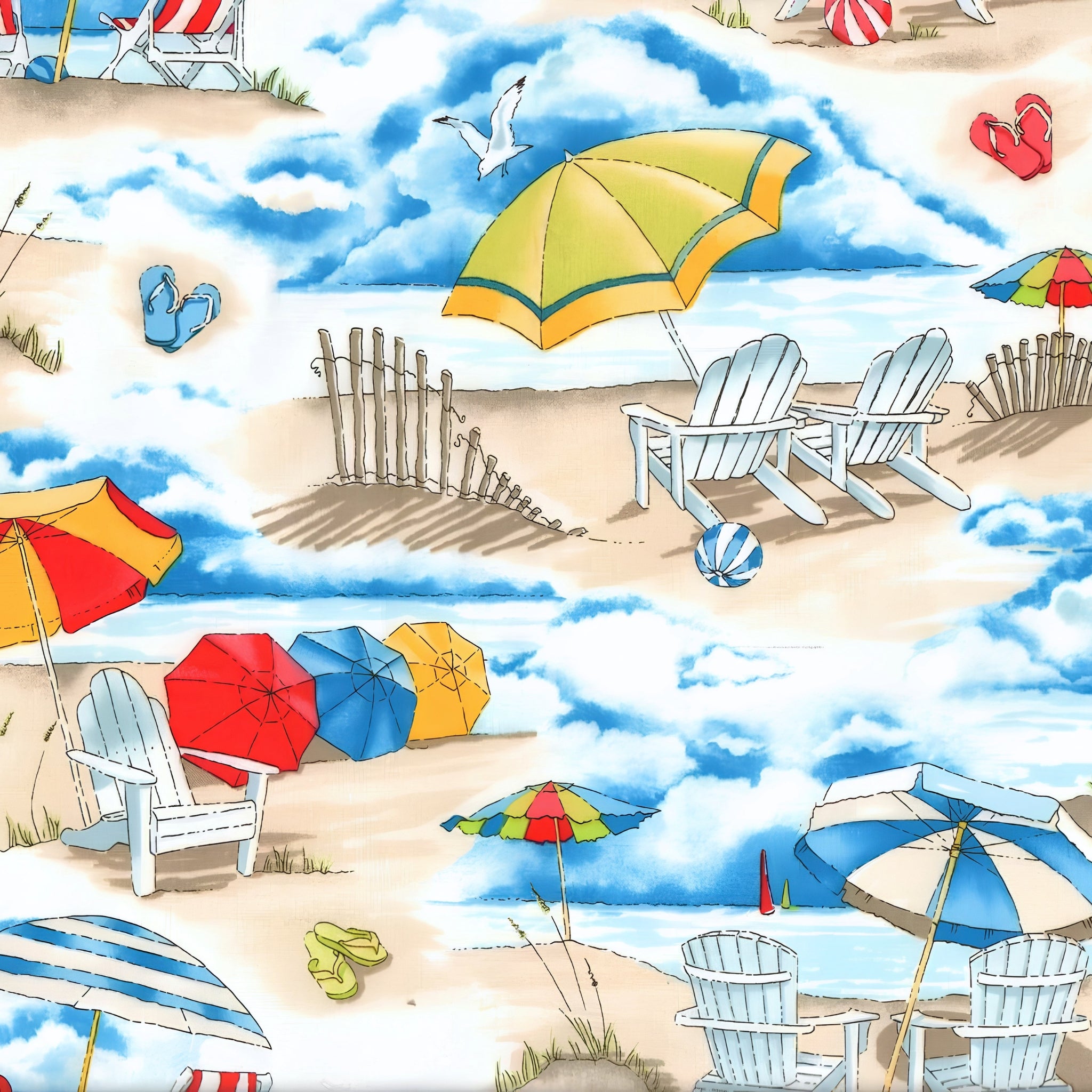 Adirondack chairs colourful beach umbrellas flip flops beach balls seagulls sand dunes timber fencing sandy watercolour novelty quilting fabric beach summer quilts