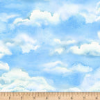 Soft white cumulus clouds sky blue watercolour quilting fabric beach quilts baby quilts nursery coastal background fabric