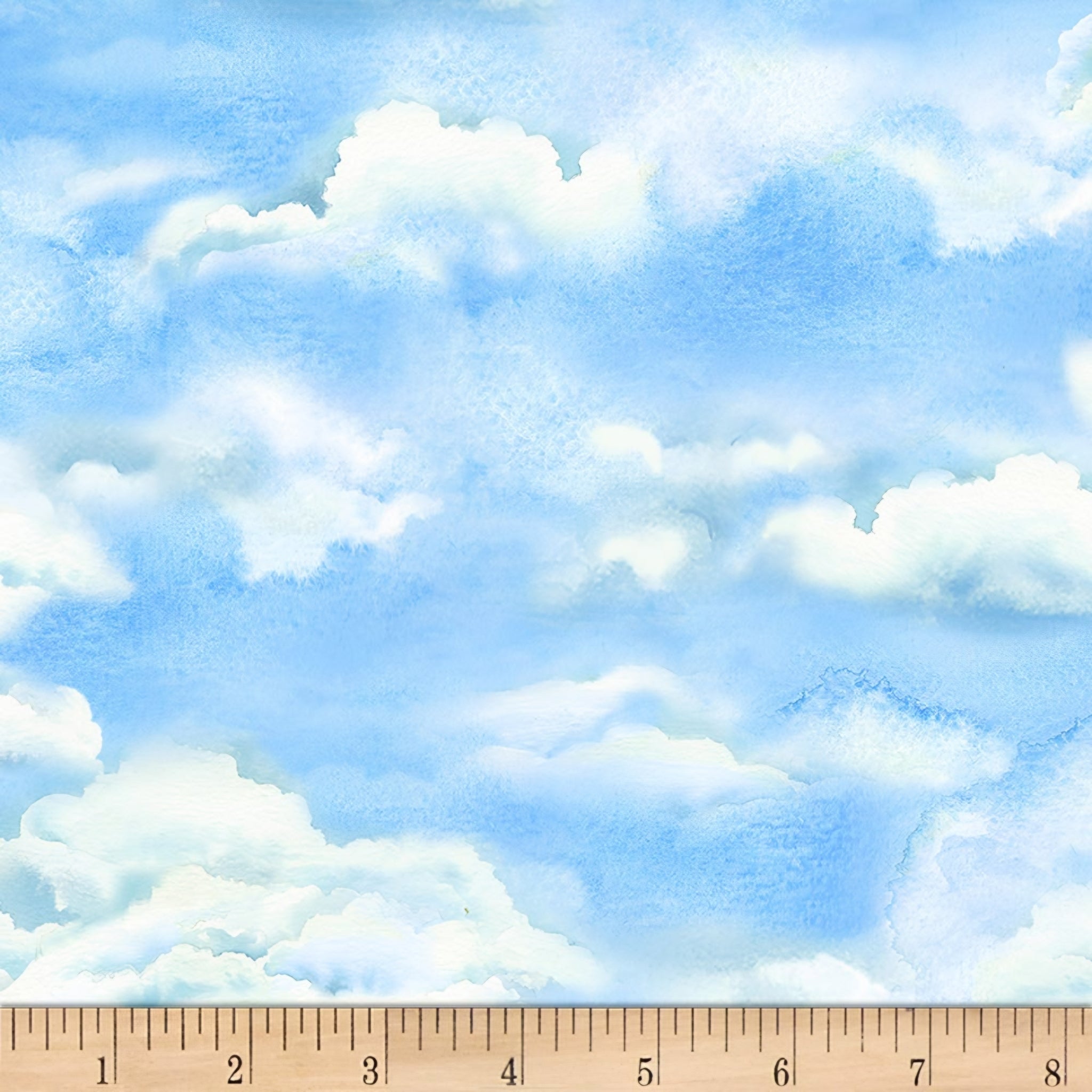 Soft white cumulus clouds sky blue watercolour quilting fabric beach quilts baby quilts nursery coastal background fabric