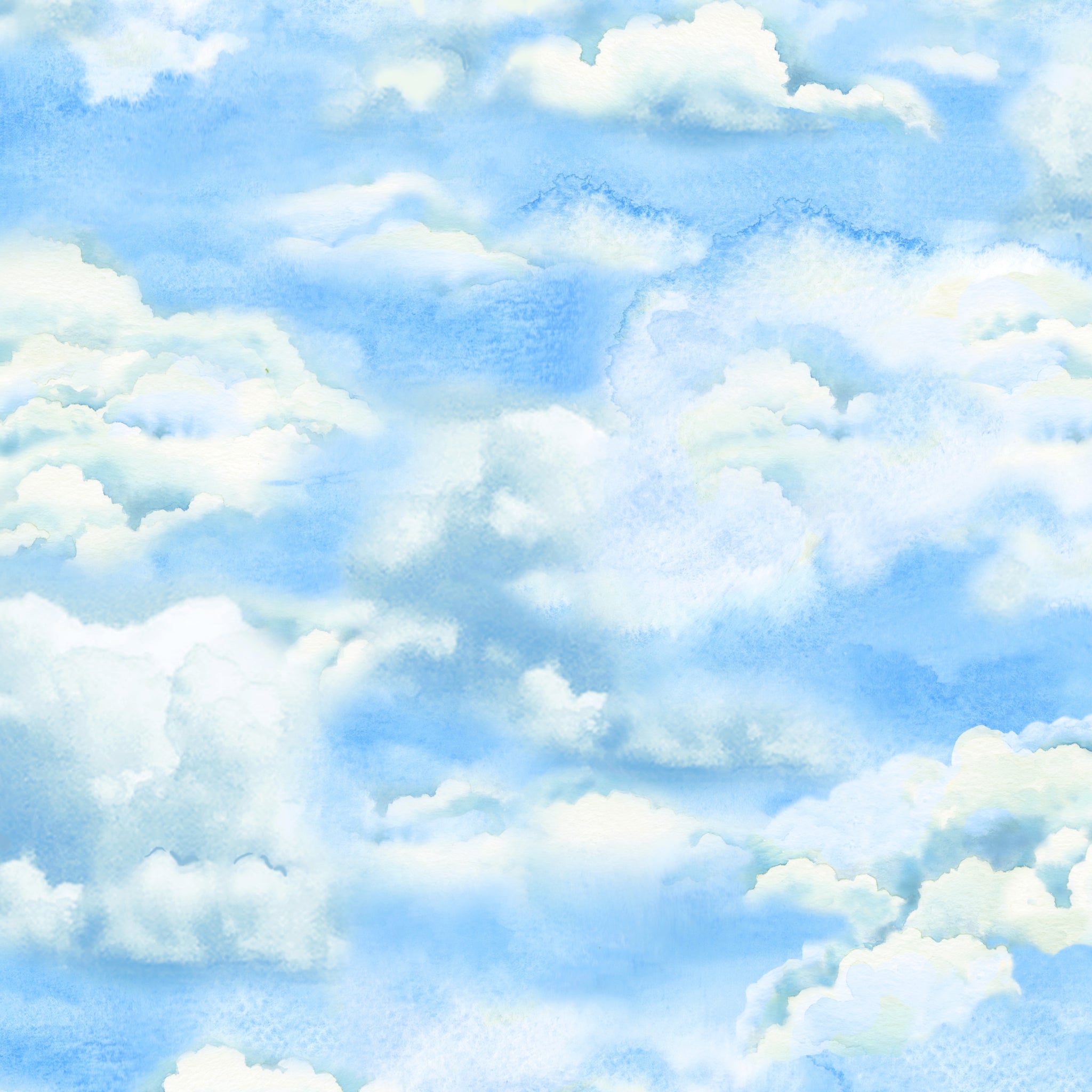 Soft white cumulus clouds sky blue watercolour quilting fabric beach quilts baby quilts nursery coastal background fabric