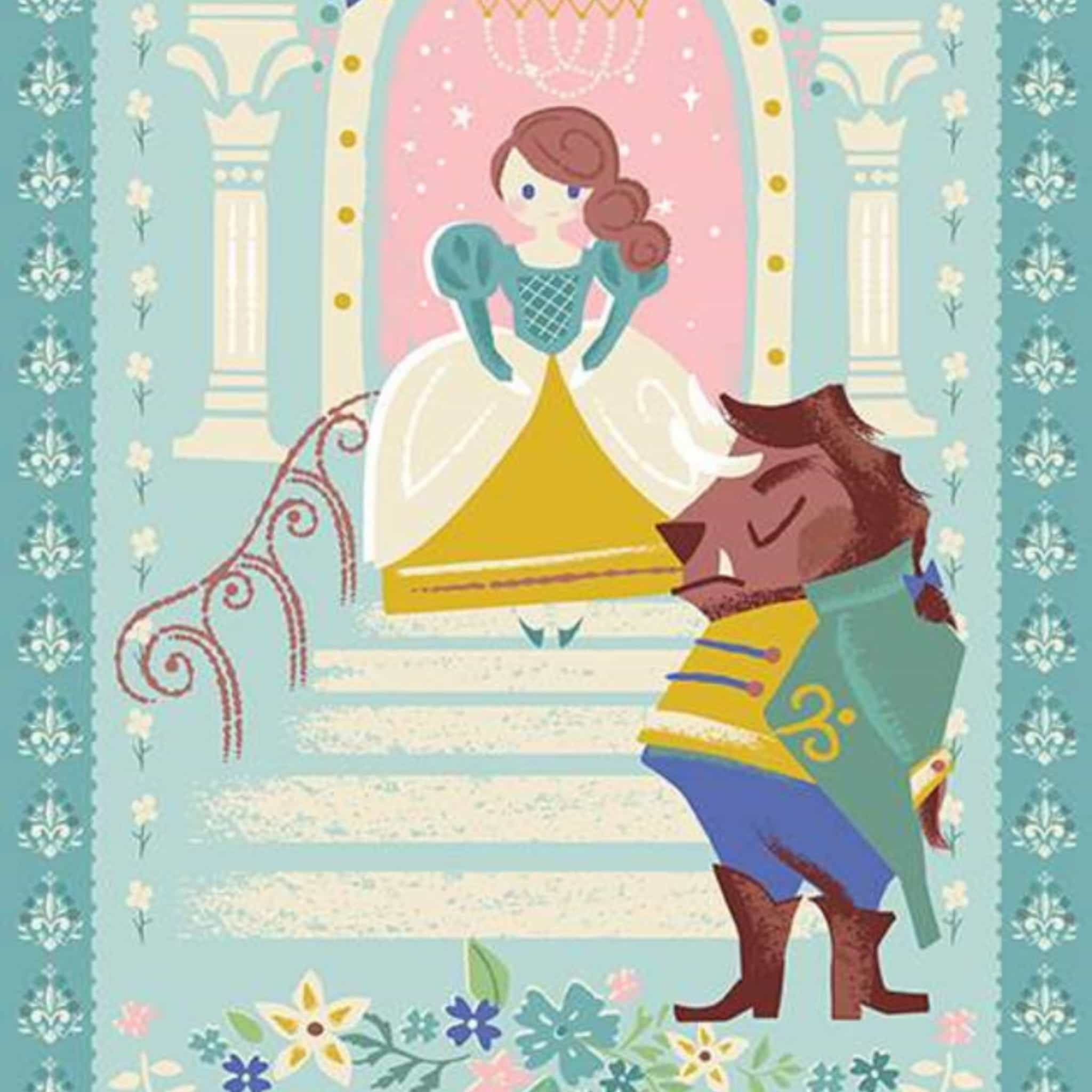 Beauty and the Beast Disney storybook panel with Belle and Beast on castle staircase in blue and gold on quilting cotton patchwork fabric for sewing projects