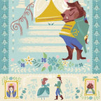 Beauty and the Beast Disney storybook panel with Belle and Beast on castle staircase in blue and gold on quilting cotton patchwork fabric for sewing projects