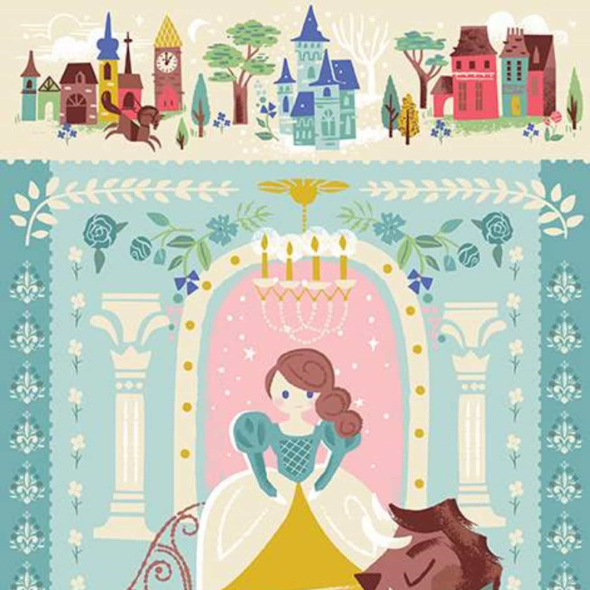 Beauty and the Beast Disney storybook panel with Belle and Beast on castle staircase in blue and gold on quilting cotton patchwork fabric for sewing projects