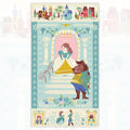 Beauty and the Beast Disney storybook panel with Belle and Beast on castle staircase in blue and gold on quilting cotton patchwork fabric for sewing projects