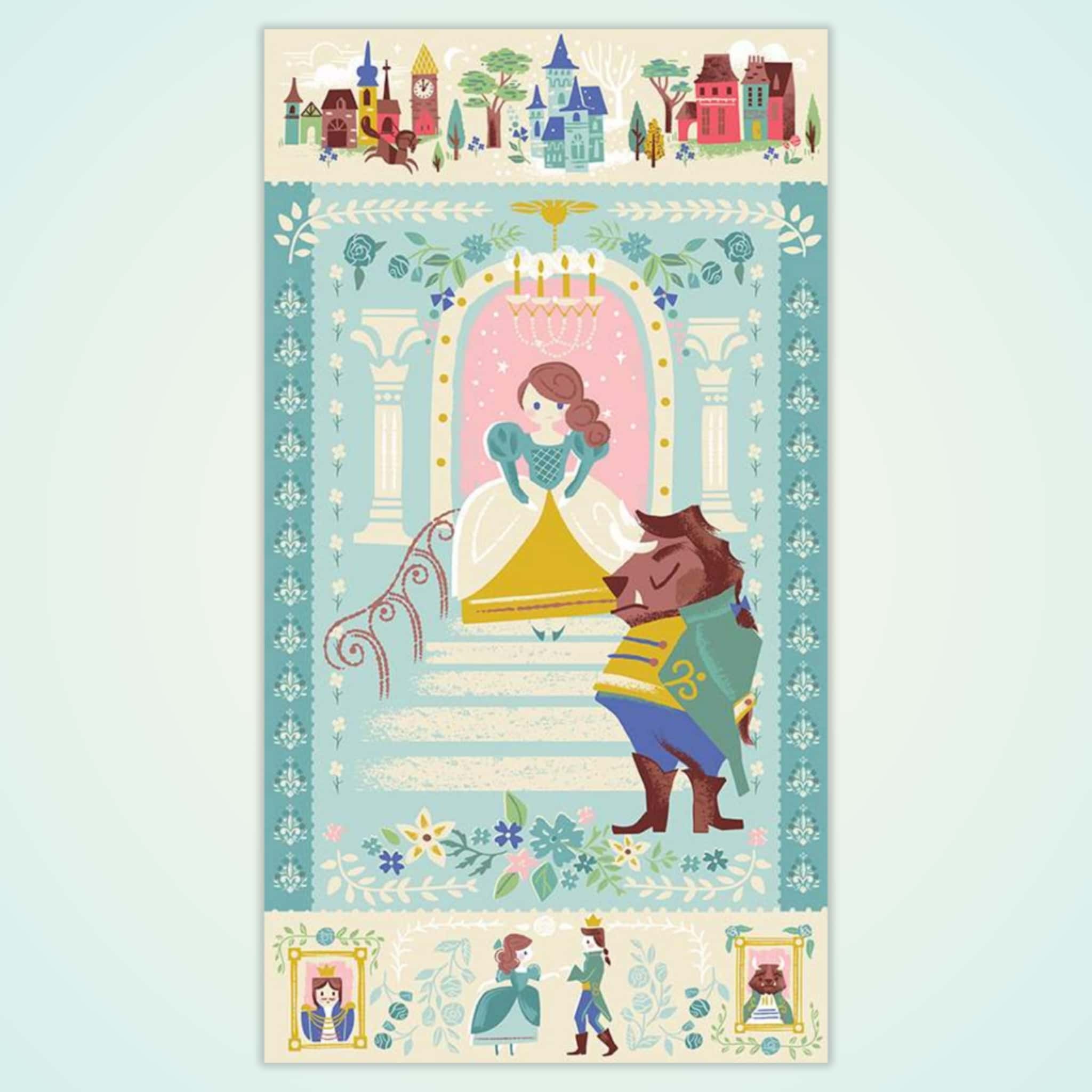 Beauty and the Beast Disney storybook panel with Belle and Beast on castle staircase in blue and gold on quilting cotton patchwork fabric for sewing projects