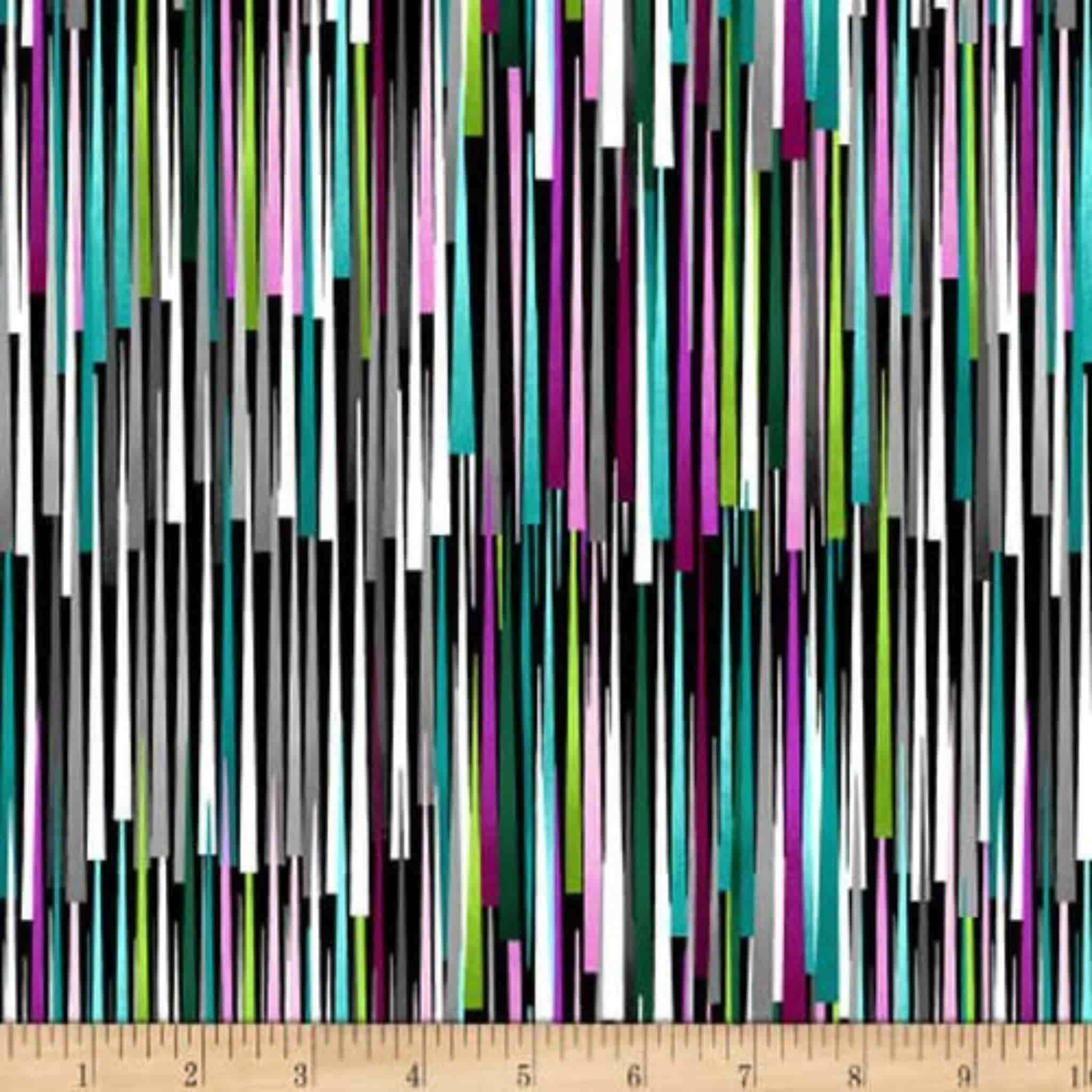 Modern rain bold multicolour stripe fabric in teal magenta lime grey black white for modern quilts