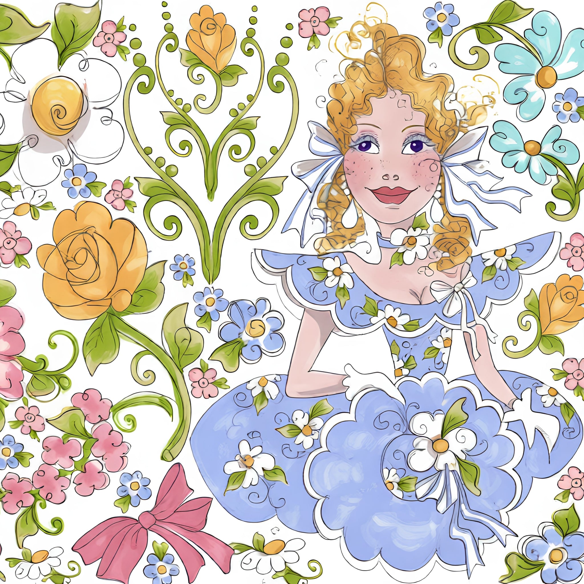 Novelty fashion belle blue tutu floral applique panel fabric for girls quilts wall hangings and fashion sewing projects Loralie Harris Designs