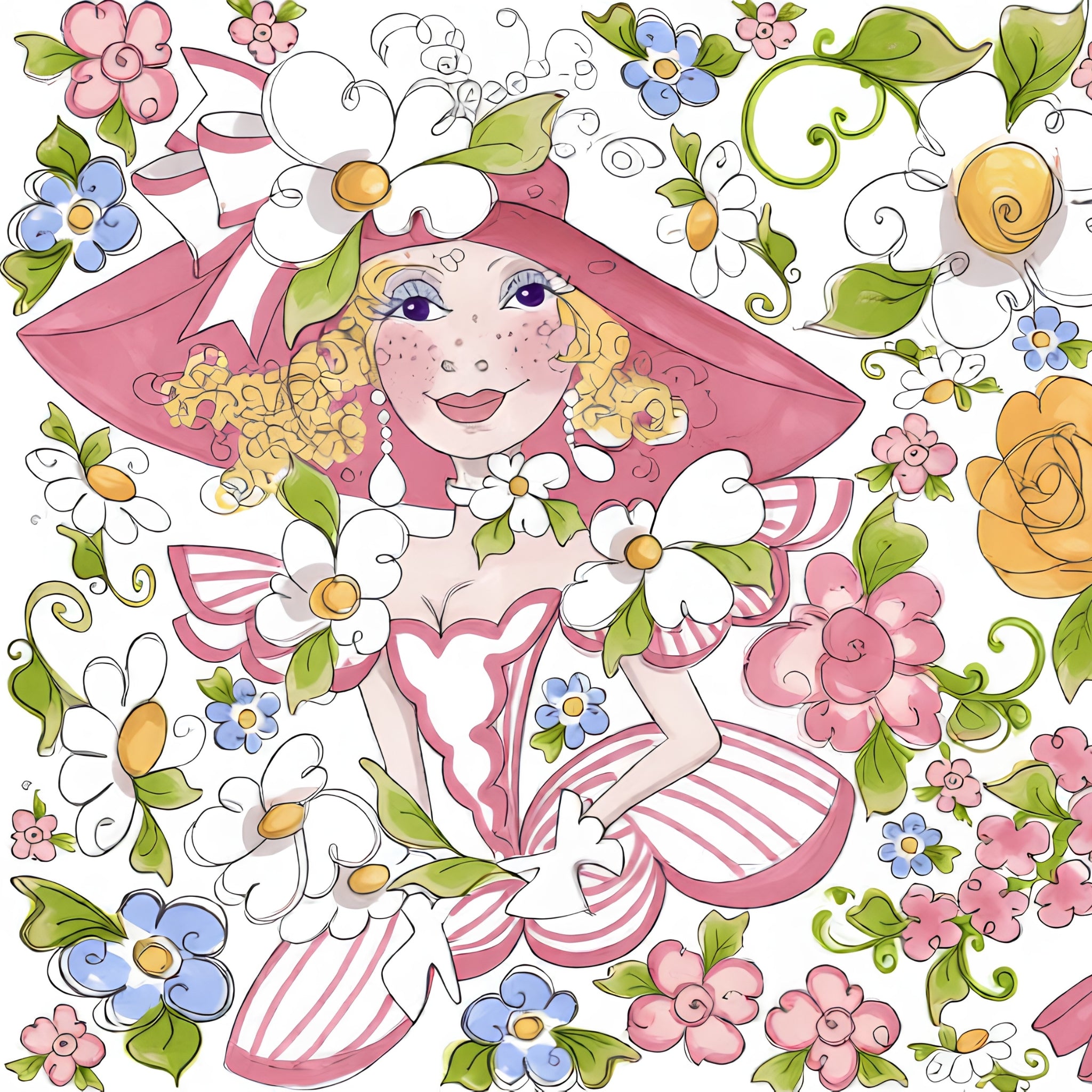 Novelty fashion belle pink hat tutu floral applique panel fabric for girls quilts wall hangings and fashion sewing projects Loralie Harris Designs