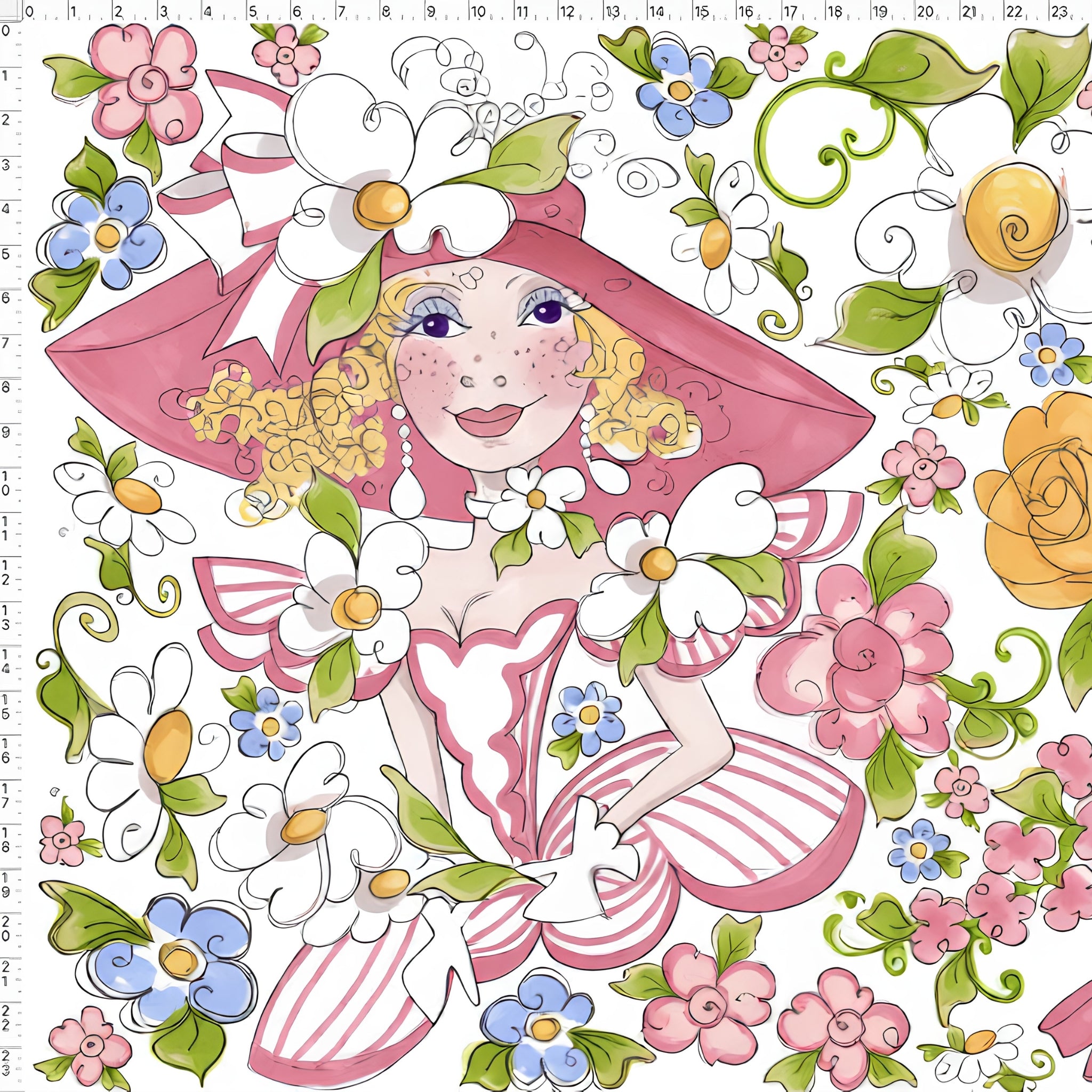 Novelty fashion belle pink hat tutu floral applique panel fabric for girls quilts wall hangings and fashion sewing projects Loralie Harris Designs