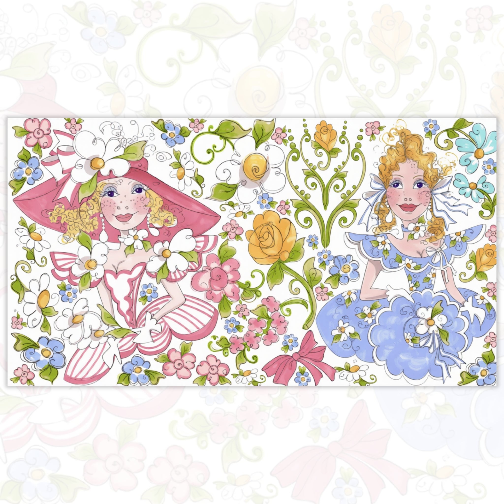 Novelty fashion belles pink blue floral applique panel fabric for girls quilts wall hangings and fashion sewing projects Loralie Harris Designs