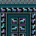 Quilt with colorful horse designs on a teal background