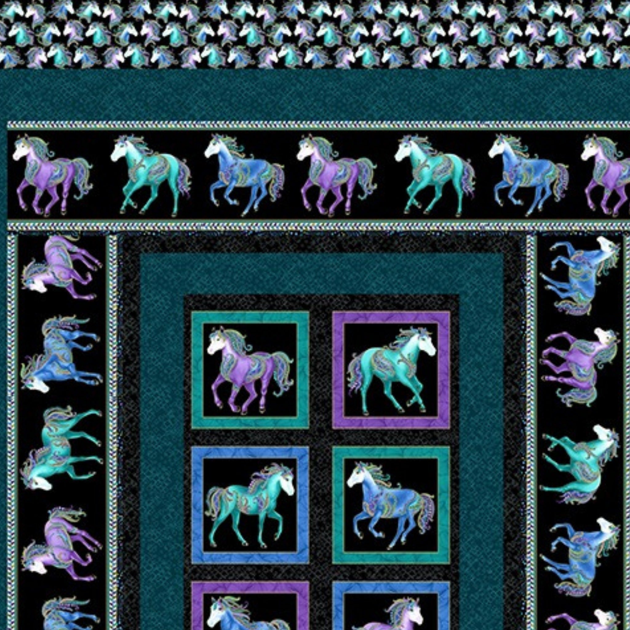 Quilt with colorful horse designs on a teal background