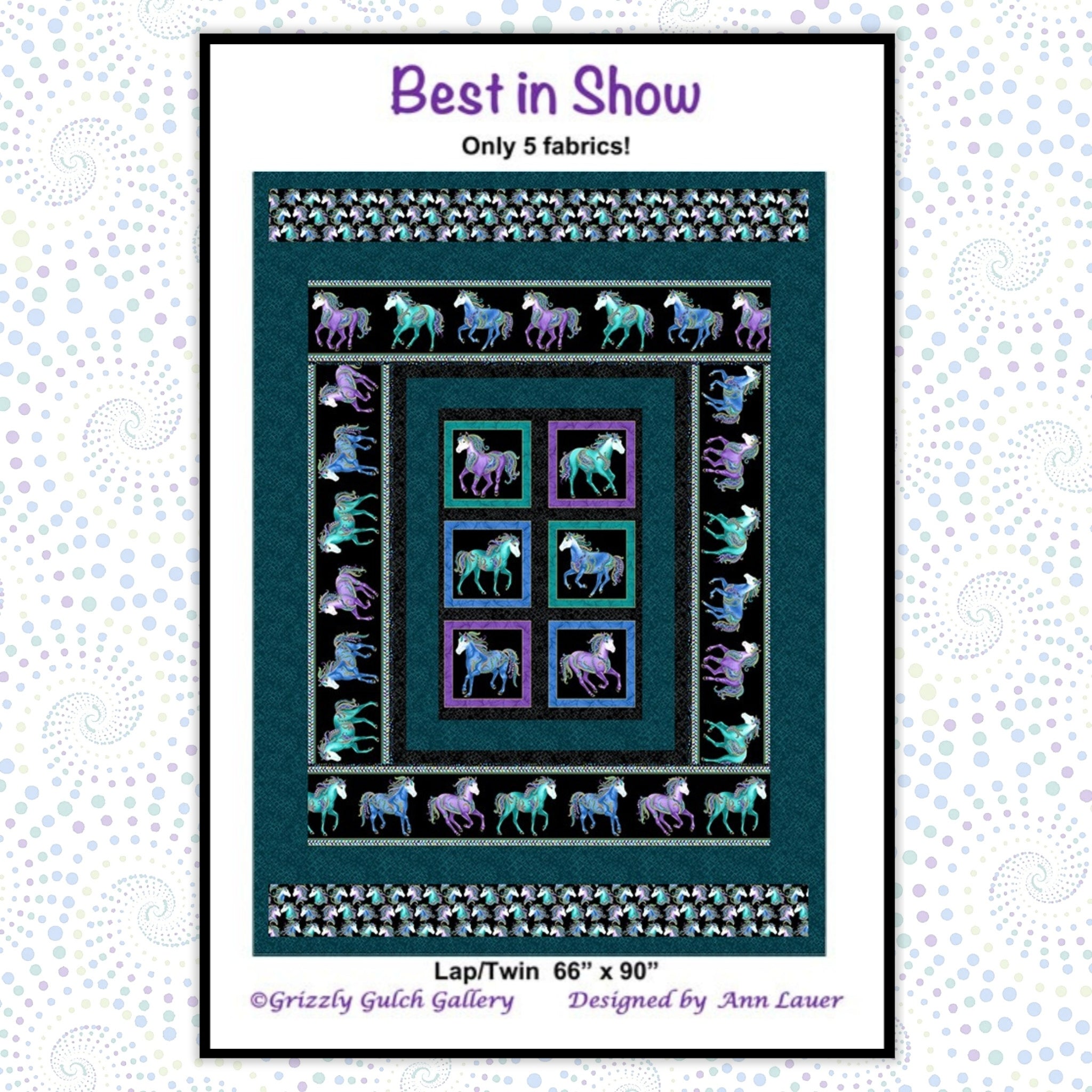 Best in Show quilt pattern 66" x 90" with purple and turquoise horses in striped and framed blocks