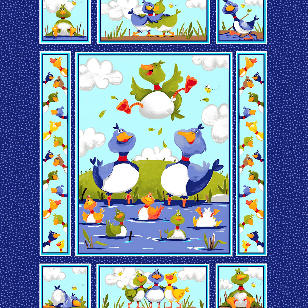 Bill Bob duck characters blue novelty panel kids quilting fabric children's quilts nursery wall hangings baby gifts
