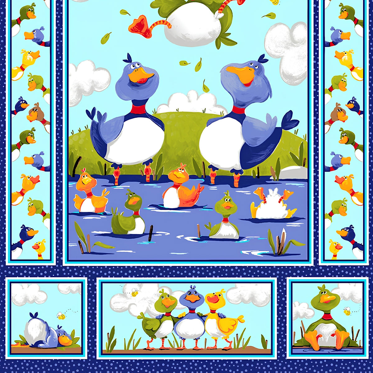 Bill Bob duck characters blue novelty panel kids quilting fabric children's quilts nursery wall hangings baby gifts