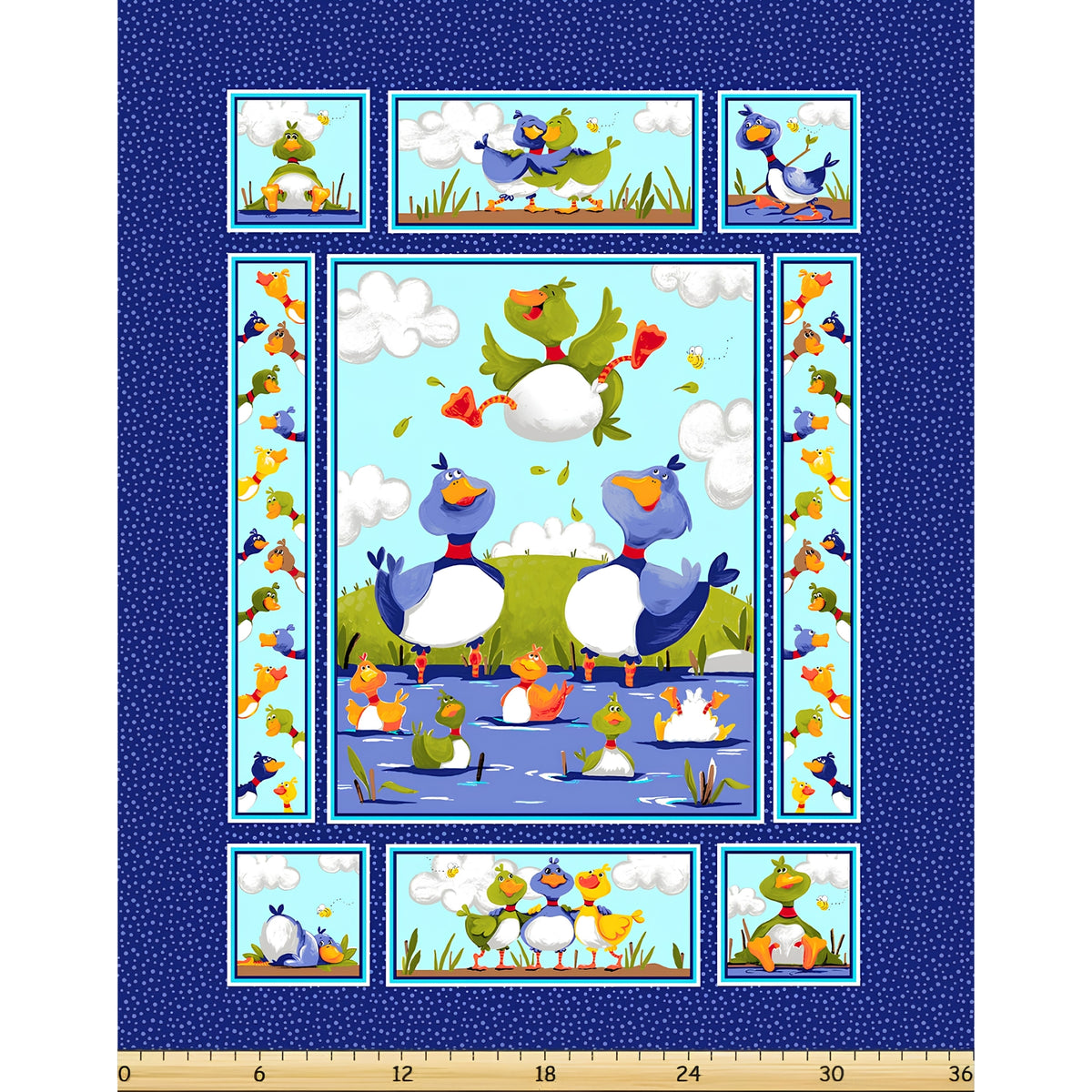Bill Bob duck characters blue novelty panel kids quilting fabric children's quilts nursery wall hangings baby gifts