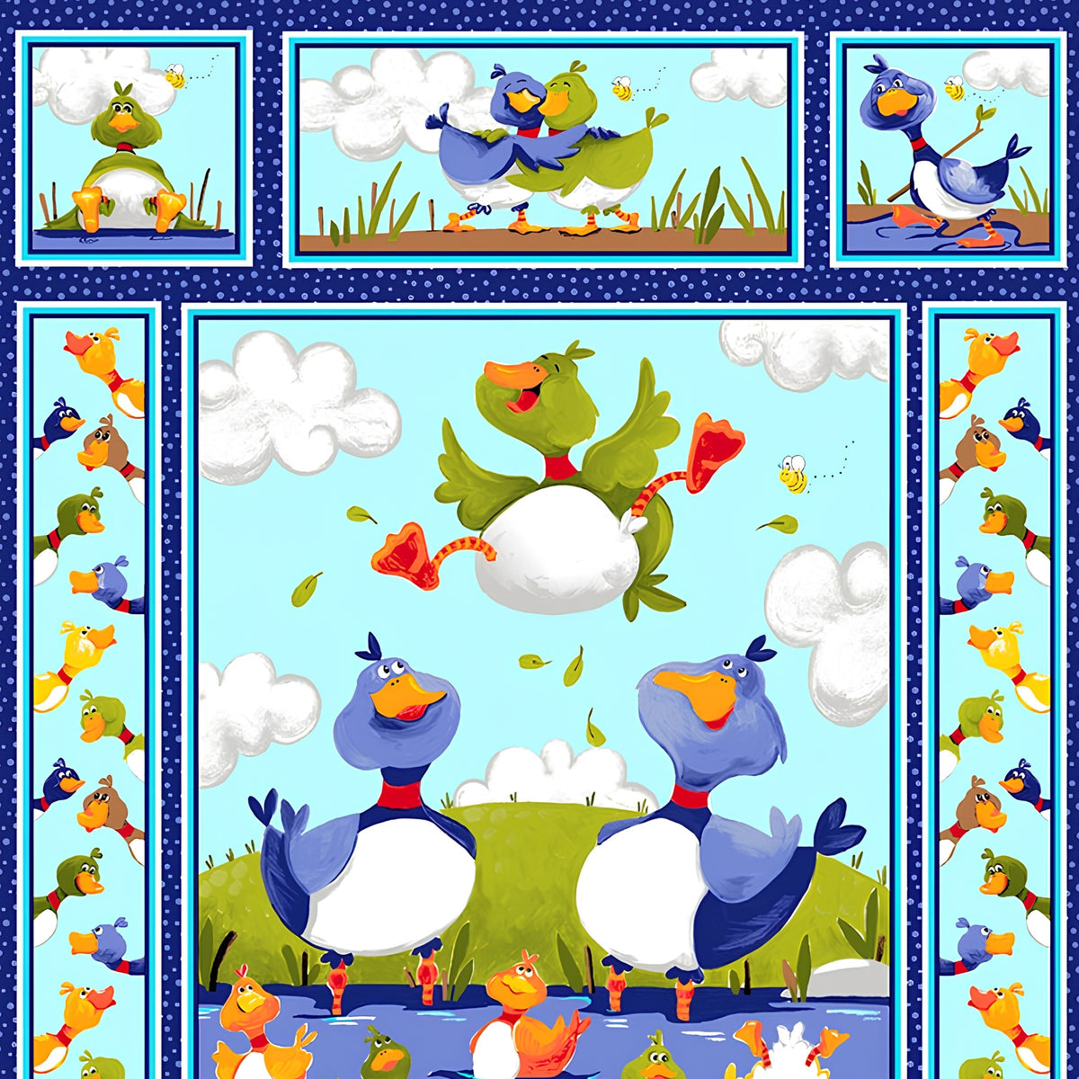 Bill Bob duck characters blue novelty panel kids quilting fabric children's quilts nursery wall hangings baby gifts