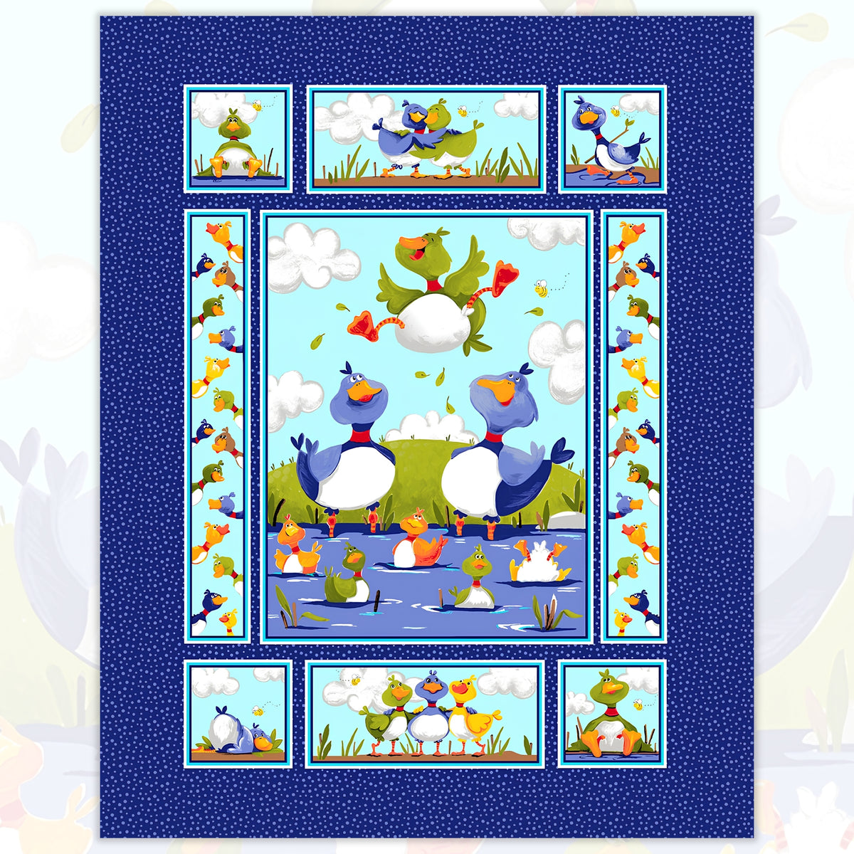 Bill Bob duck characters blue novelty panel kids quilting fabric children's quilts nursery wall hangings baby gifts