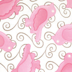 Pink birds with brown swirls on white quilting fabric for bird quilts childrens patchwork cushion covers zip pouches and gifts for bird lovers