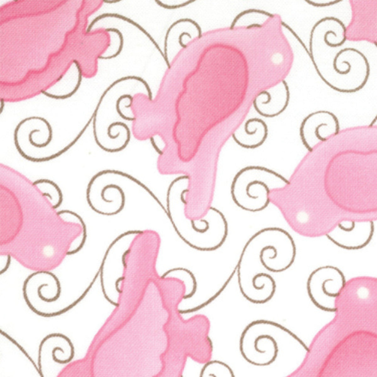 Pink birds with brown swirls on white quilting fabric for bird quilts childrens patchwork cushion covers zip pouches and gifts for bird lovers