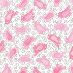 Pink birds with brown swirls on white quilting fabric for bird quilts childrens patchwork cushion covers zip pouches and gifts for bird lovers