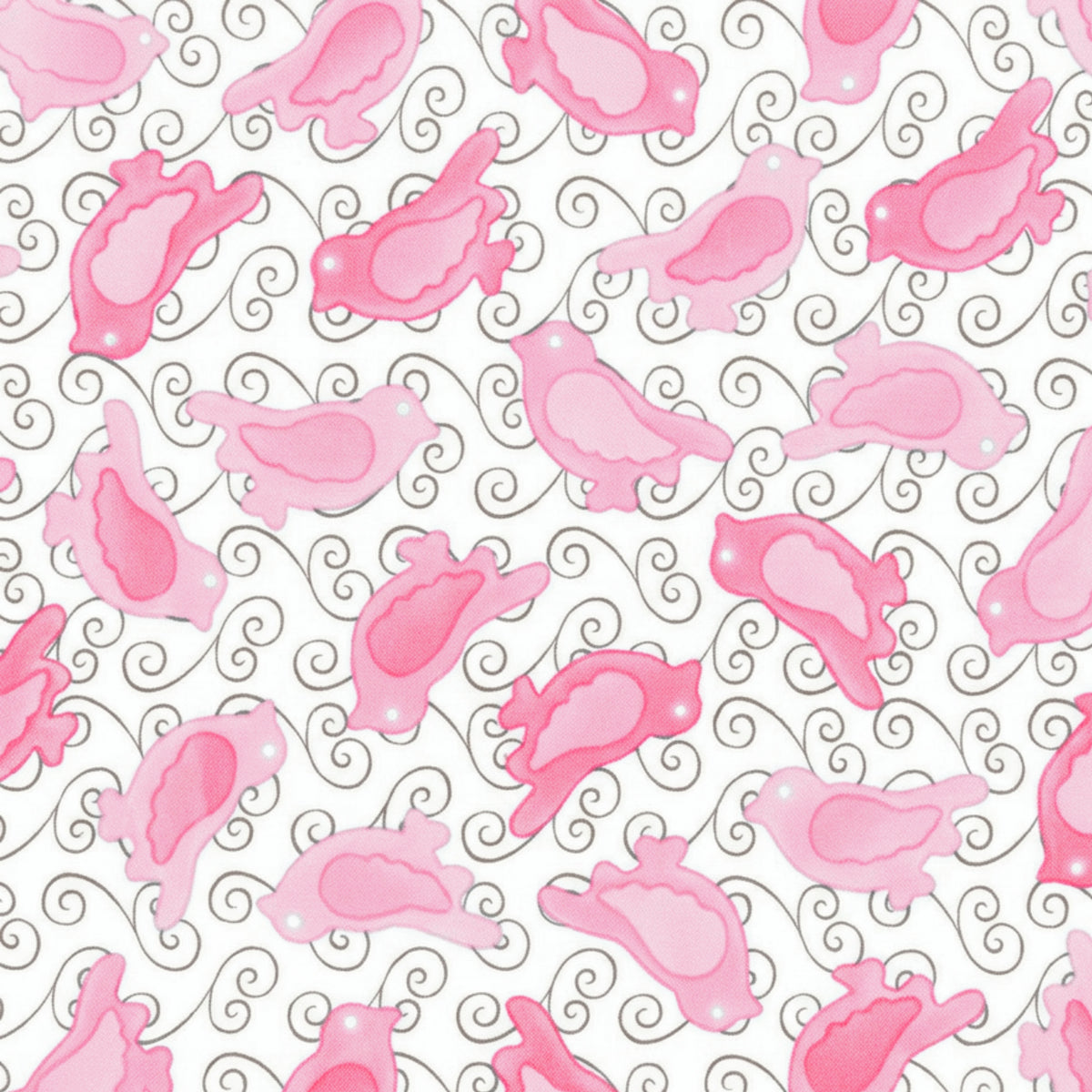 Pink birds with brown swirls on white quilting fabric for bird quilts childrens patchwork cushion covers zip pouches and gifts for bird lovers