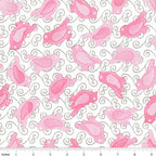 Pink birds with brown swirls on white quilting fabric for bird quilts childrens patchwork cushion covers zip pouches and gifts for bird lovers