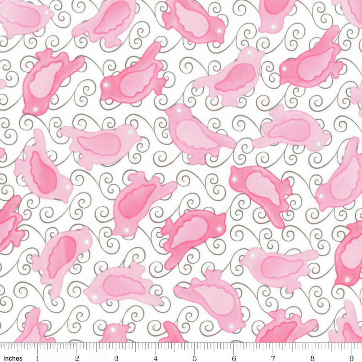 Pink birds with brown swirls on white quilting fabric for bird quilts childrens patchwork cushion covers zip pouches and gifts for bird lovers