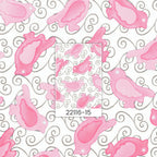 Pink birds with brown swirls on white quilting fabric for bird quilts childrens patchwork cushion covers zip pouches and gifts for bird lovers