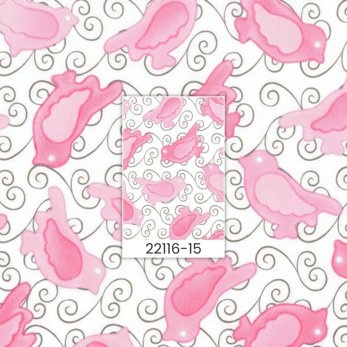 Pink birds with brown swirls on white quilting fabric for bird quilts childrens patchwork cushion covers zip pouches and gifts for bird lovers
