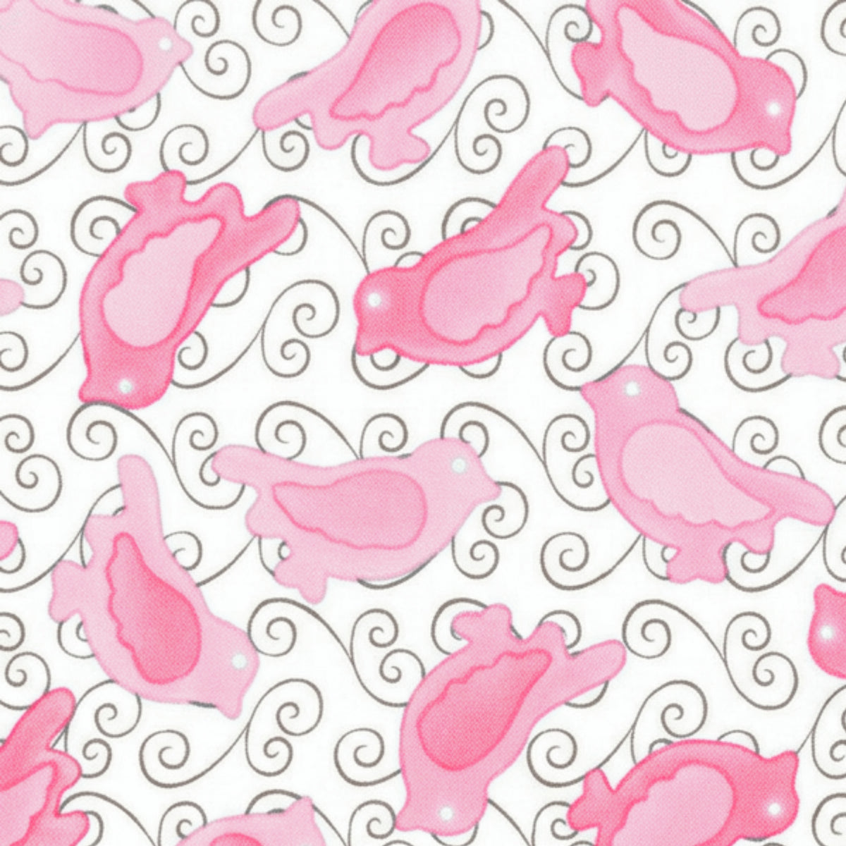 Pink birds with brown swirls on white quilting fabric for bird quilts childrens patchwork cushion covers zip pouches and gifts for bird lovers